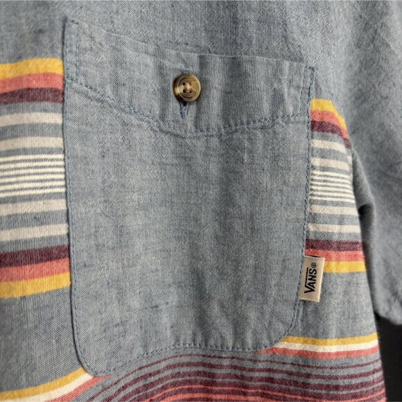 Vans Men's Short Sleeve Striped Button-Up Shirt M Blue Linen Blend Skater Skate - Picture 3 of 8